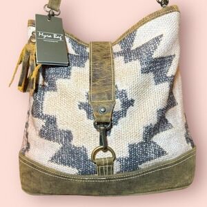 Myra Bag Aztec Canvas Leather Crossbody Tote‎ Rustic Boho Shoulder Bag NWT